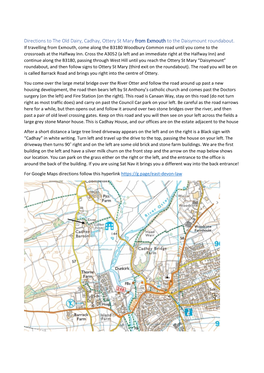 Directions to the Old Dairy, Cadhay, Ottery St Mary from Exmouth to the Daisymount Roundabout