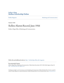 Rollins Alumni Record, June 1956 Rollins College Office Ofa M Rketing and Communications