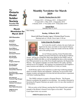 Ontario Model Soldier Society Monthly Newsletter for March 2019