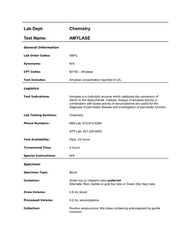 Lab Dept: Chemistry Test Name: AMYLASE