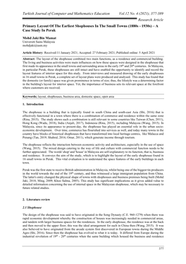 377-389 Research Article Primary Layout of the Earliest Shophouses in the Small Towns (1880S - 1930S) – a Case Study in Perak