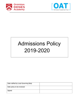 Admissions Policy 2019-2020