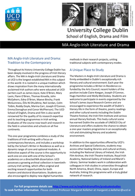 University College Dublin School of English, Drama and Film MA Anglo-Irish Literature and Drama