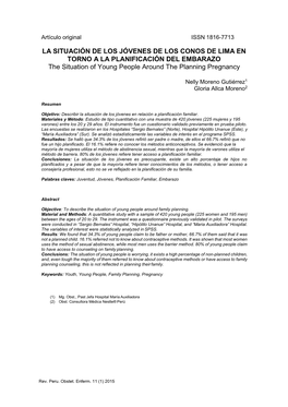 LA SITUACIÓN DE LOS JÓVENES DE LOS CONOS DE LIMA EN TORNO a LA PLANIFICACIÓN DEL EMBARAZO the Situation of Young People Around the Planning Pregnancy