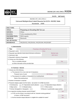 Proposing on Encoding Old Tai Lue SOURCE: China STATUS: to Be Considered by WG2 DISTRIBUTION: WG2 Experts MEDIUM: Electronic NO