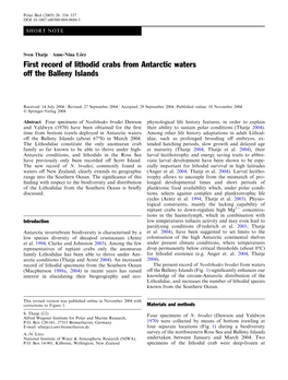 First Record of Lithodid Crabs from Antarctic Waters Off the Balleny Islands