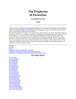 The Prophecies of Paracelsus Translated by J.K