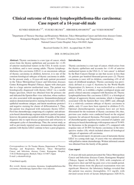 Clinical Outcome of Thymic Lymphoepithelioma‑Like Carcinoma: Case Report of a 14‑Year‑Old Male