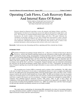 Operating Cash Flows, Cash Recovery Rates and Internal Rates of Return Christine Andrews, Florida Gulf Coast University, USA Joseph C