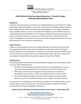 Corvallis, Oregon Xylella Fastidiosa Response Plan