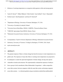 1 Influence of Warming Temperatures on Coregonine Embryogenesis Within and Among Species