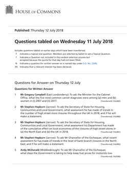 Questions Tabled on Wed 11 Jul 2018