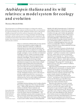 Arabidopsis Thaliana and Its Wild Relatives: a Model System for Ecology and Evolution