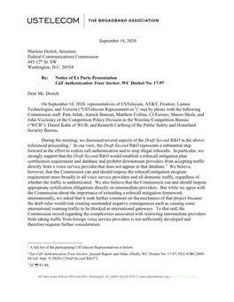 September 18, 2020 Marlene Dortch, Secretary Federal Communications Commission 445 12Th St. SW Washington, D.C. 20554 Re: Notice