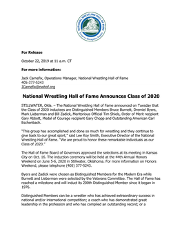 National Wrestling Hall of Fame Announces Class of 2020