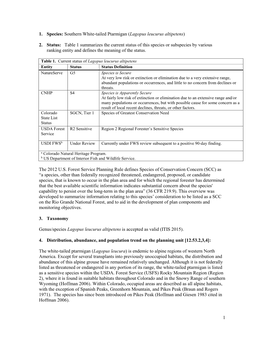 1 1. Species: Southern White-Tailed Ptarmigan (Lagopus Leucurus Altipetens) 2. Status: Table 1 Summarizes the Current Status