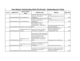 Post Matric Scholarship 2019-20 (Fresh) - Chidambaram Taluk Name / Father Sr No Applicant Id Institute Name Address Disb