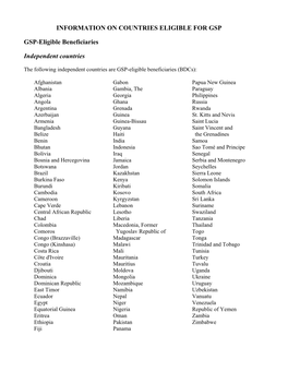 The Following Independent Countries Are GSP-Eligible Beneficiaries (Bdcs)