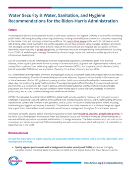 Water Security & Water, Sanitation, and Hygiene Recommendations For