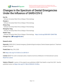 Changes in the Spectrum of Dental Emergencies Under the in Uence Of