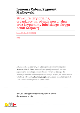 Ireneusz Caban, Zygmunt Mańkowski Struktura Terytorialna, Organizacyjna, Obsada Personalna Oraz Kryptonimy Lubelskiego Okręgu Armii Krajowej