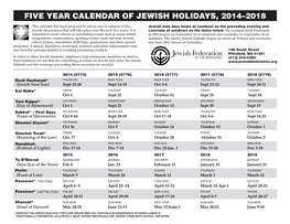 Five Year Calendar of Jewish Holidays, 2014–2018