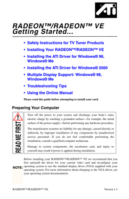 RADEON™/RADEON™ VE Getting Started... READ MEFIRST