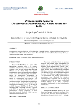 Protoparmelia Hesperia (Ascomycota: Parmeliaceae): a New Record for India