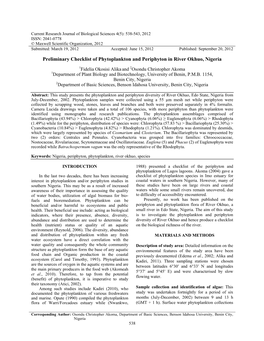 Preliminary Checklist of Phytoplankton and Periphyton in River Okhuo, Nigeria