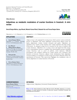 Adipokines As Metabolic Modulators of Ovarian Functions in Livestock: a Mini- Review