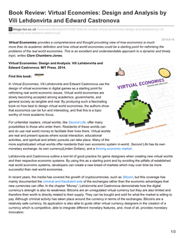 Book Review: Virtual Economies: Design and Analysis by Vili Lehdonvirta and Edward Castronova