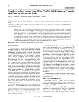 Morphogenesis of Coronavirus Hcov-NL63 in Cell Culture: a Transmis- Sion Electron Microscopic Study Jan M