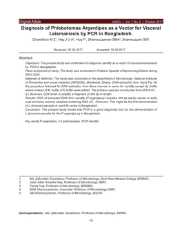 Diagnosis of Phlebotomas Argentipes As a Vector for Visceral Leismaniasis by PCR in Bangladesh