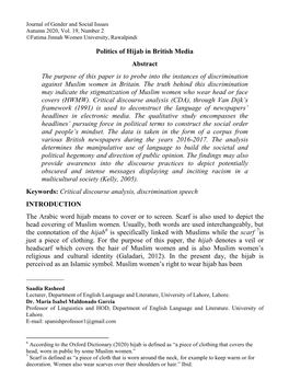 Politics of Hijab in British Media Abstract the Purpose of This Paper Is to Probe Into the Instances of Discrimination Against Muslim Women in Britain