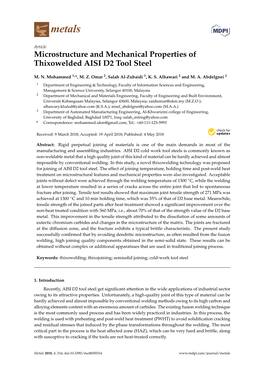 Microstructure and Mechanical Properties of Thixowelded AISI D2 Tool Steel