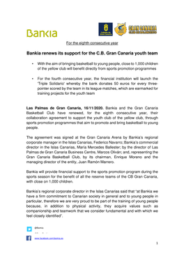 Bankia Renews Its Support for the C.B. Gran Canaria Youth Team