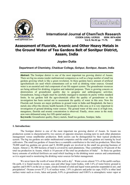 Assessment of Fluoride, Arsenic and Other Heavy Metals in the Ground Water of Tea Gardens Belt of Sonitpur District, Assam, India