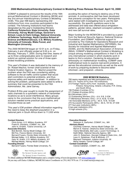 2000 Mathematical/Interdisciplinary Contest in Modeling Press Release Revised April 10, 2000