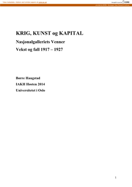 KRIG, KUNST Og KAPITAL Nasjonalgalleriets Venner Vekst Og Fall 1917 – 1927