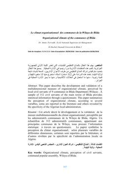 Le Climat Organisationnel Des Communes De La Wilaya De Blida 0Rganizational Climate of the Communes of Blida