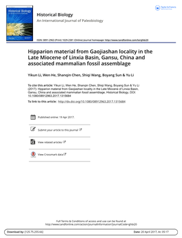 Hipparion Material from Gaojiashan Locality in the Late Miocene of Linxia Basin, Gansu, China and Associated Mammalian Fossil Assemblage