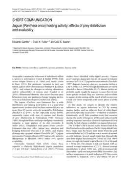 SHORT COMMUNICATION Jaguar (Panthera Onca) Hunting Activity: Effects of Prey Distribution and Availability