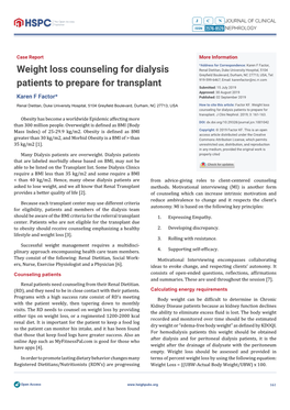 Weight Loss Counseling for Dialysis Patients to Prepare for Transplant