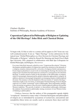 Copernican Upheaval in Philosophy of Religion Or Updating of the Old Heritage? John Hick and Classical Deism