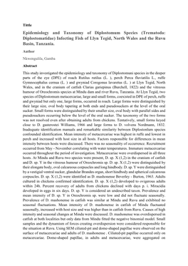 Epidemiology and Taxonomy of Diplostomum Species (Trematoda: Diplostomatidae) Infecting Fish of Llyn Tegid, North Wales and the Ruvu Basin, Tanzania