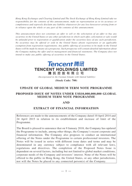 Update of Global Medium Term Note Programme Proposed Issue of Notes Under Us$10,000,000,000 Global Medium Term Note Programme and Extract of Financial Information