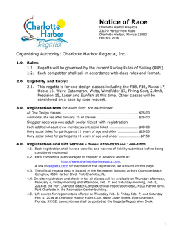 Notice of Race Charlotte Harbor Regatta 23170 Harborview Road Charlotte Harbor, Florida 33980 Feb