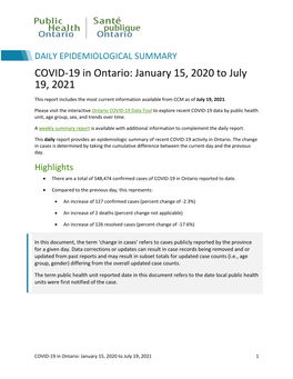 COVID-19 in Ontario: January 15, 2020 to July 19, 2021