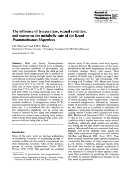 The Influence of Temperature, Sexual Condition, and Season on the Metabolic Rate of the Lizard Psammodromus Hispanicus