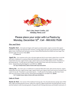 Please Place Your Order with La Piastra by Monday, December 12Th